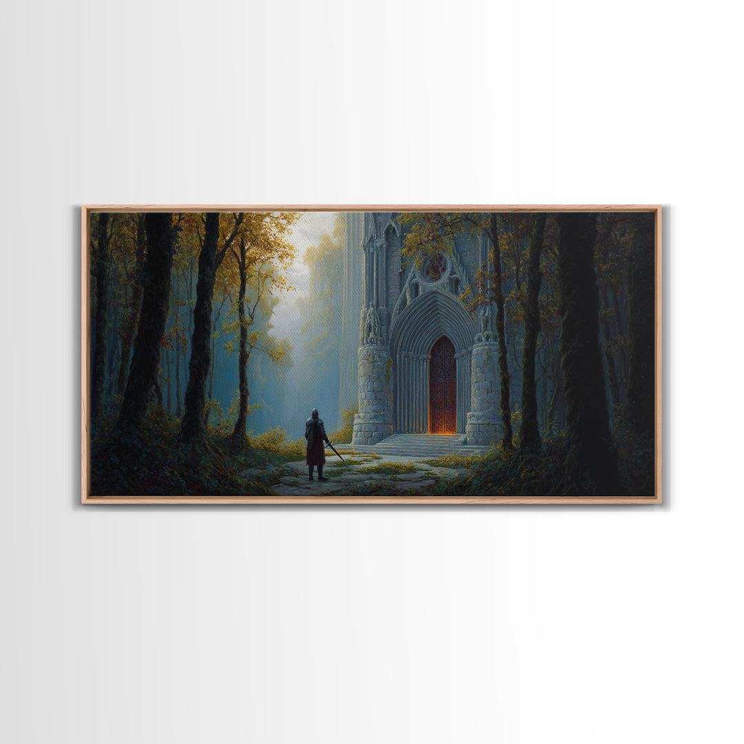 Gothic Forest Cathedral Doorway With Lone Knight Wall Art, Dark Academia Decor, Fantasy Landscape, Large Canvas Print For Bedroom