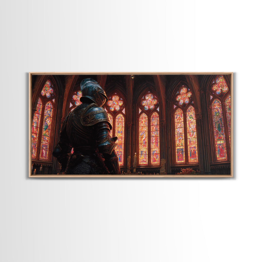 Knight In Stained Glass Cathedral Wall Art, Gothic Medieval Canvas Print, Dark Academia Decor, Fantasy Castle Painting, Church Art