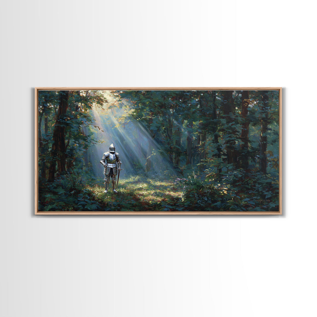 Knight In Sunlit Enchanted Forest Canvas Print, Fantasy Wall Art, Medieval Landscape Art For Office Decor And Gifts For Him