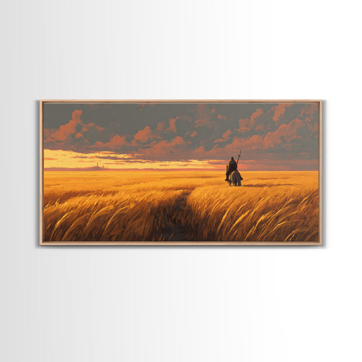 Lone Warrior In Golden Wheat Canvas Print, Sunset Fantasy Landscape Art, Western Rider Decor, Gift For Him, Rustic Home Decor