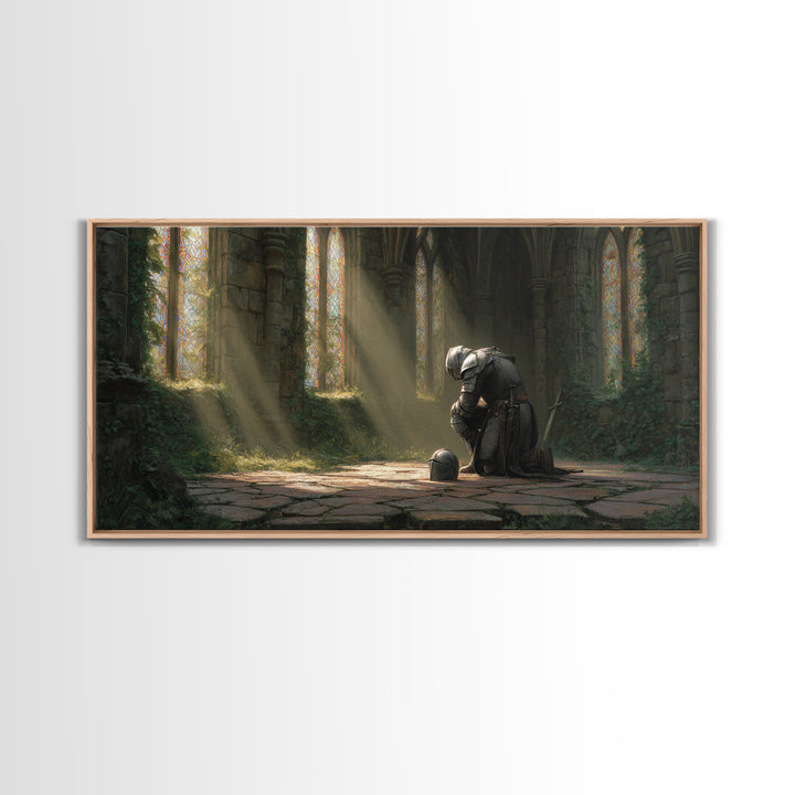 Knight In Sunlit Gothic Ruins Framed Canvas Print, Medieval Fantasy Wall Art, Dark Academia Decor, Large Living Room Art