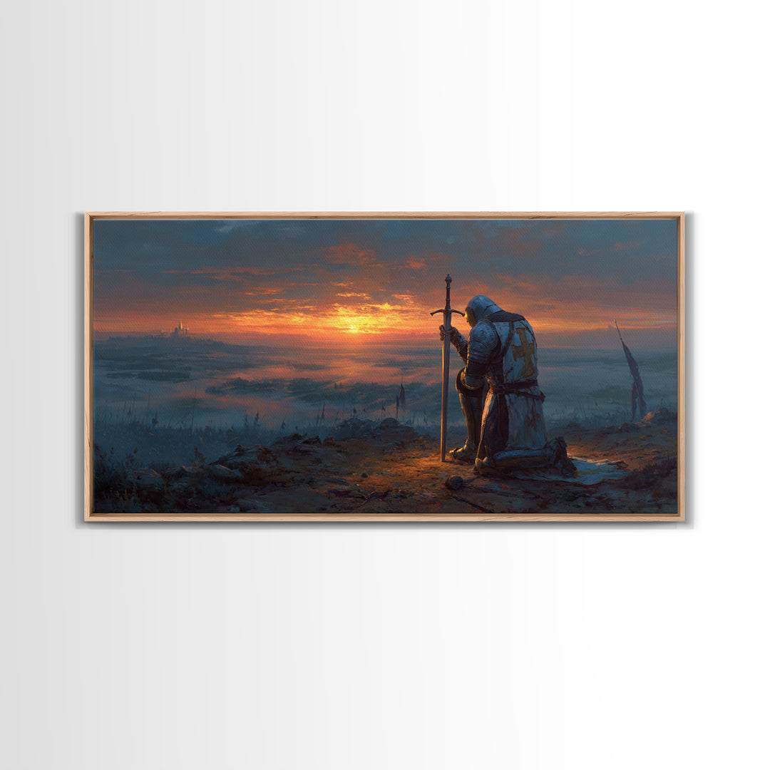 Kneeling Knight At Sunset Wall Art, Medieval Fantasy Landscape Canvas, Epic Castle Decor, Dark Academia Gift For Him, Living Room Decor