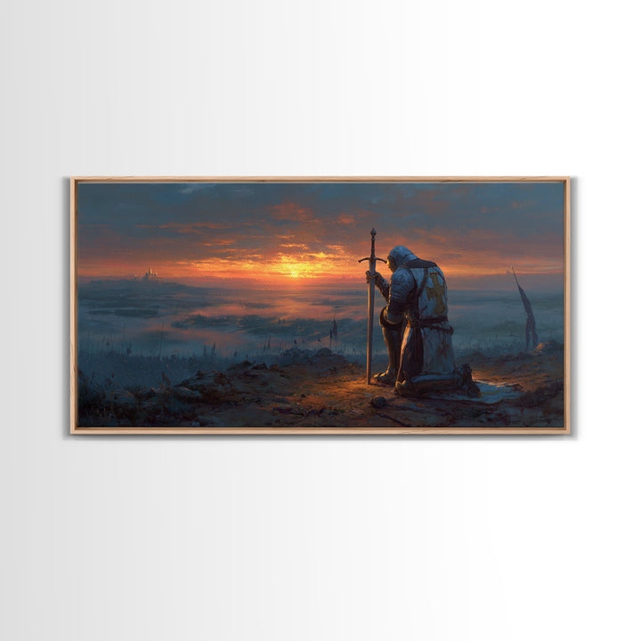 Kneeling Knight At Sunset Wall Art, Medieval Fantasy Landscape Canvas, Epic Castle Decor, Dark Academia Gift For Him, Living Room Decor