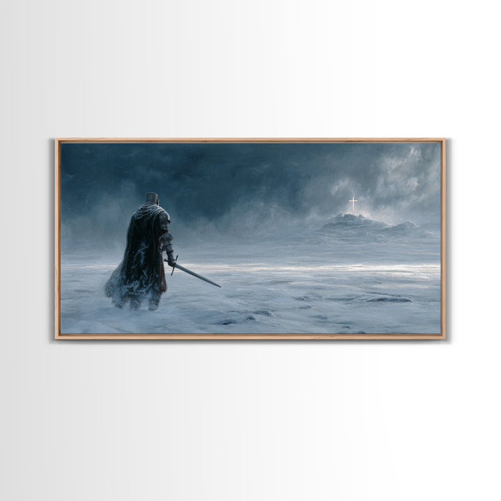 Dark Knight Crossing Icy Wasteland Wall Art, Fantasy Landscape Canvas Print, Gothic Home Decor, Moody Office Decor Gift For Him