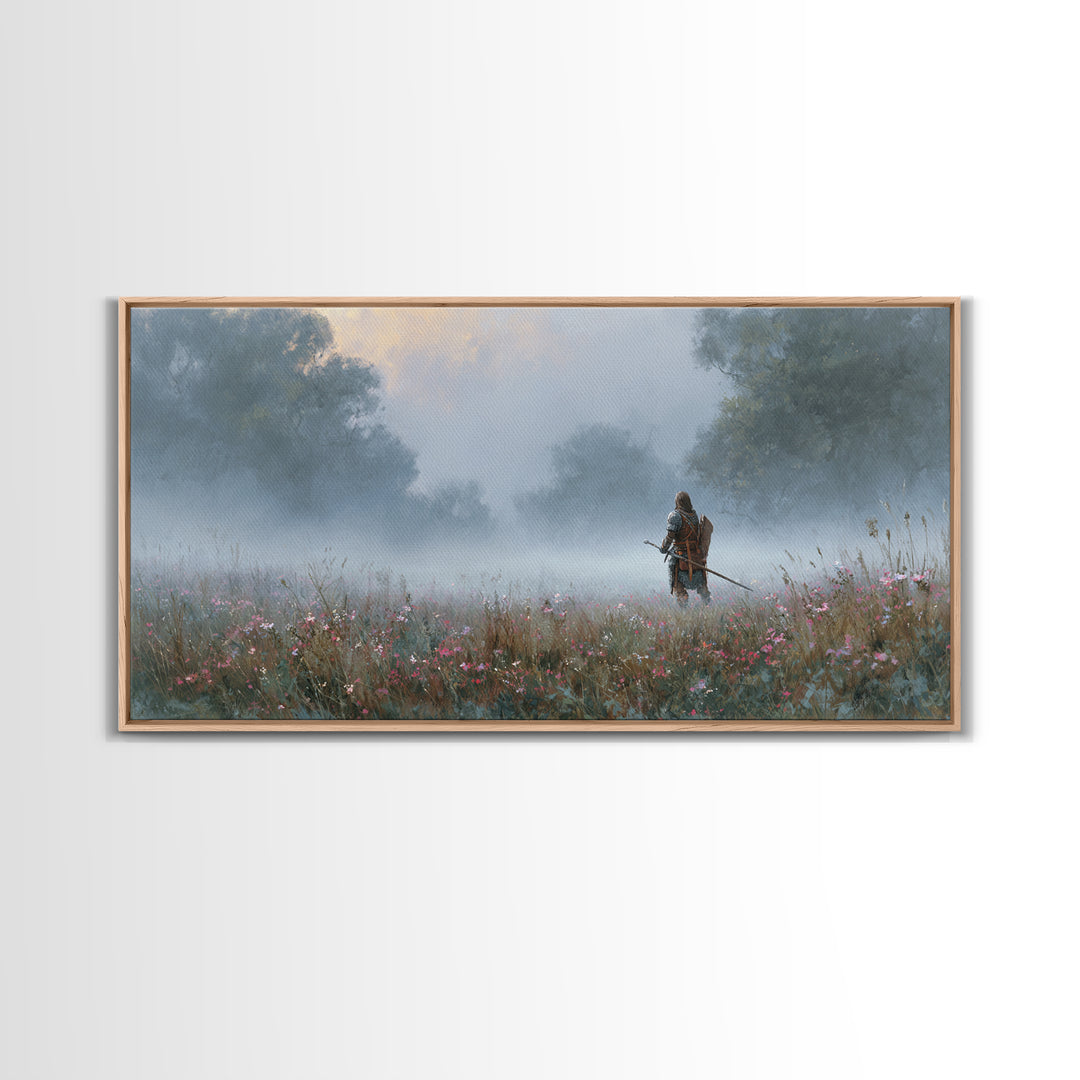 Misty Warrior In Wildflower Meadow Wall Art, Fantasy Landscape Canvas, Moody Nature Print, Large Living Room Decor Gift For Her