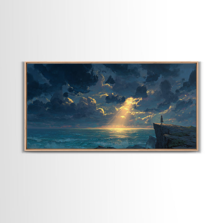 Lone Figure On Ocean Cliff Canvas Print, Dramatic Seascape Landscape Art, Coastal Wall Decor For Peaceful Living Room Home