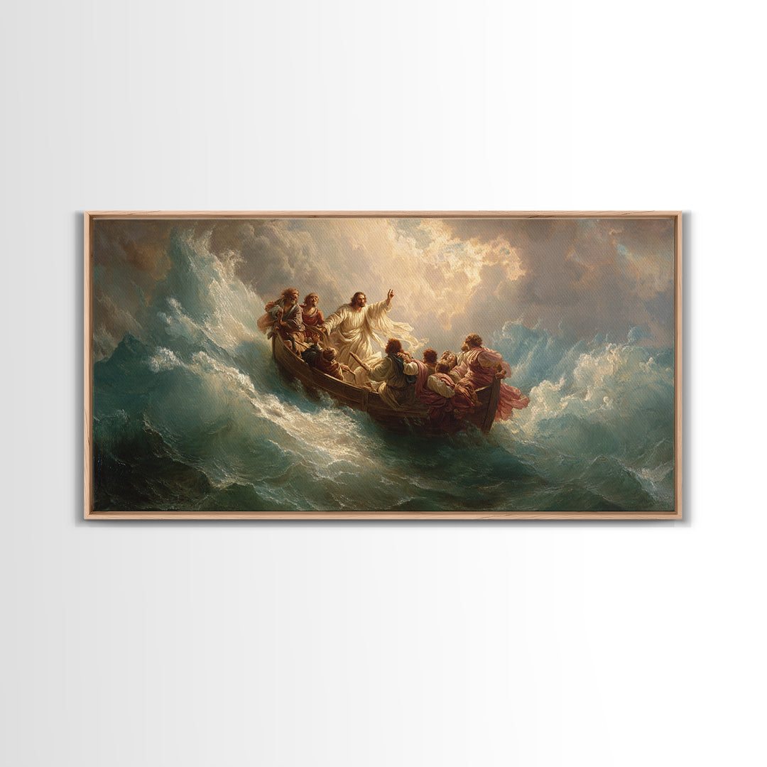 Jesus Calming The Storm At Sea Wall Art, Christian Boat Painting, Biblical Ocean Canvas, Religious Home Decor Gift, Church Decor