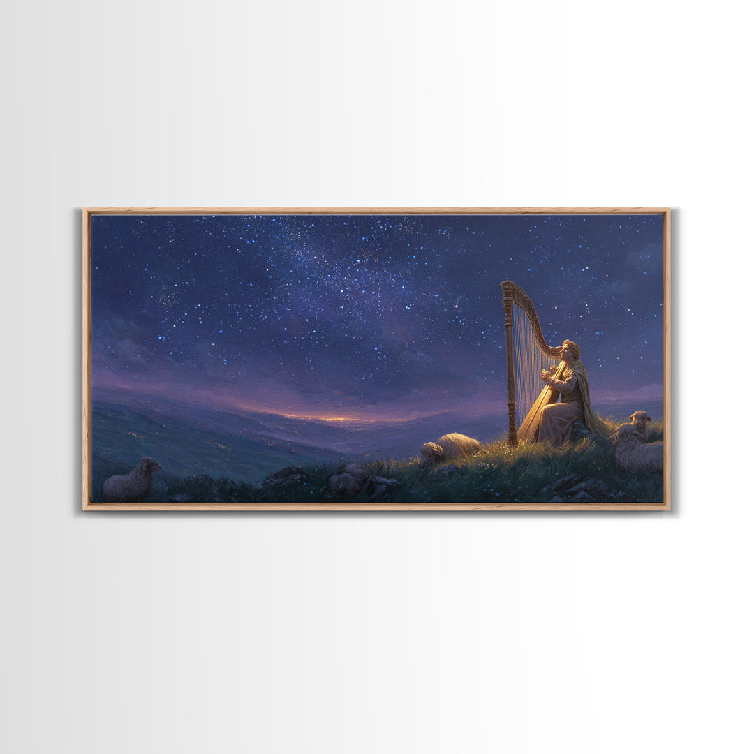 Shepherd Playing Harp Under Stars Wall Art, Biblical Canvas Print, Peaceful Night Landscape Decor For Bedroom And Nursery