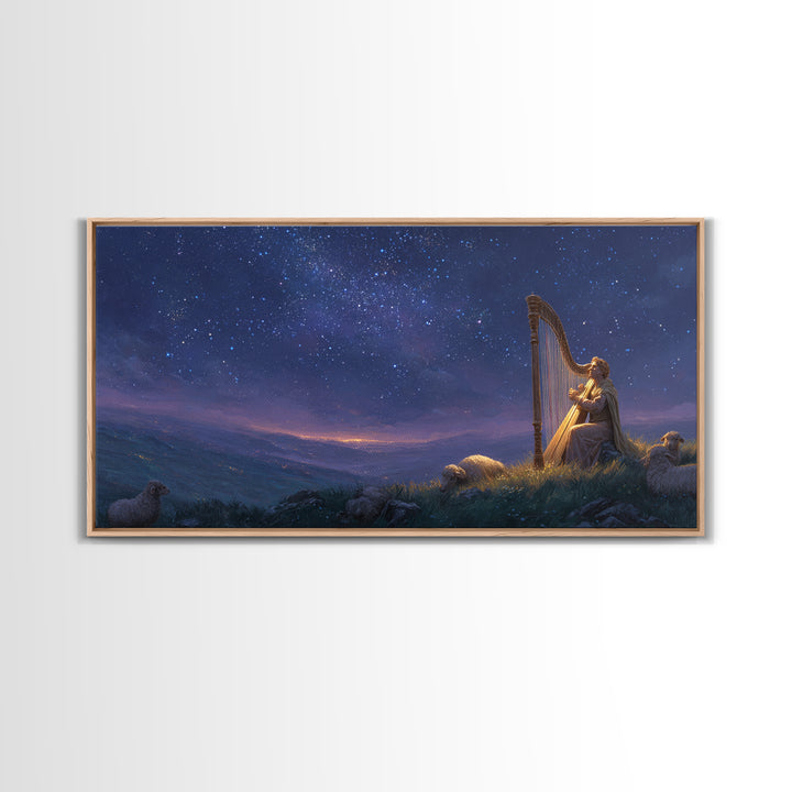 Shepherd Playing Harp Under Stars Wall Art, Biblical Canvas Print, Peaceful Night Landscape Decor For Bedroom And Nursery