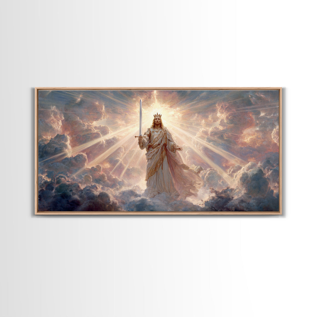 Radiant Heavenly King Canvas Print, Christian Wall Art, Divine Sword And Clouds, Spiritual Fine Art For Prayer Room Decor