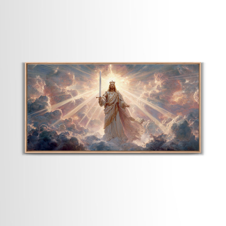 Radiant Heavenly King Canvas Print, Christian Wall Art, Divine Sword And Clouds, Spiritual Fine Art For Prayer Room Decor