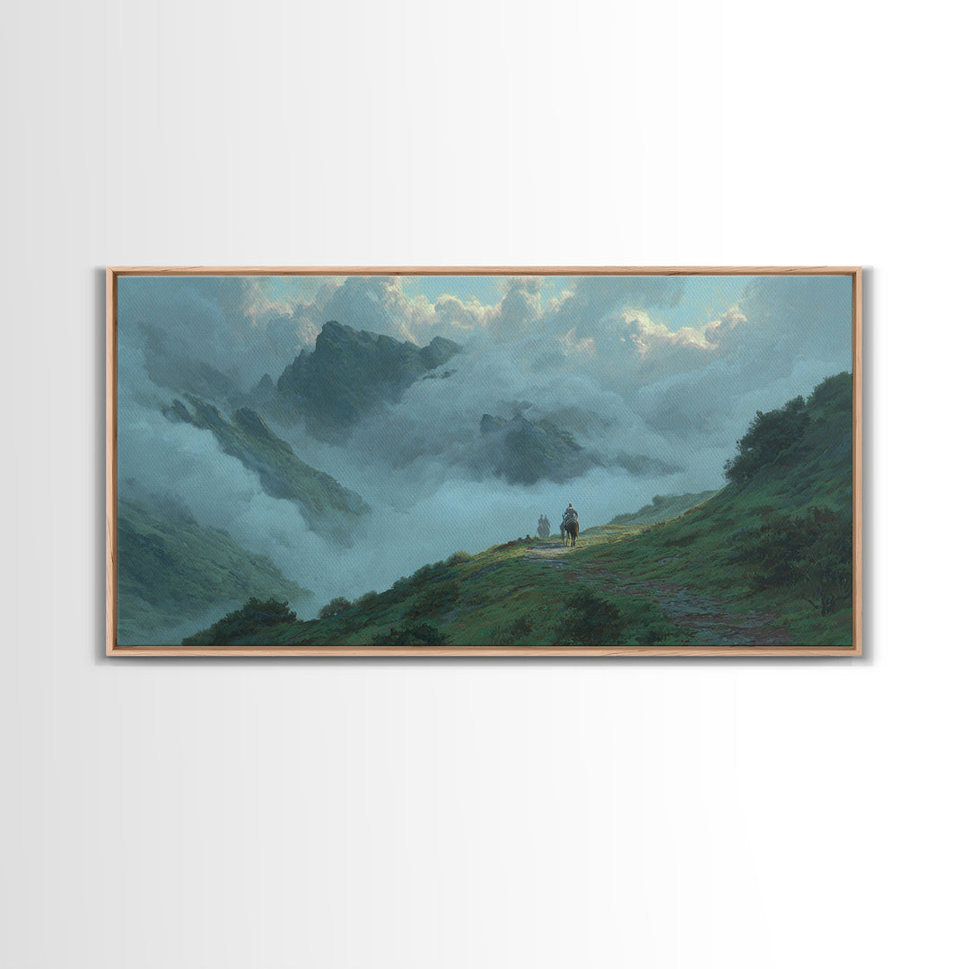 Misty Mountain Path Landscape Wall Art, Moody Nature Canvas Print, Alpine Hiking Decor, Large Living Room Wall Decor Gift