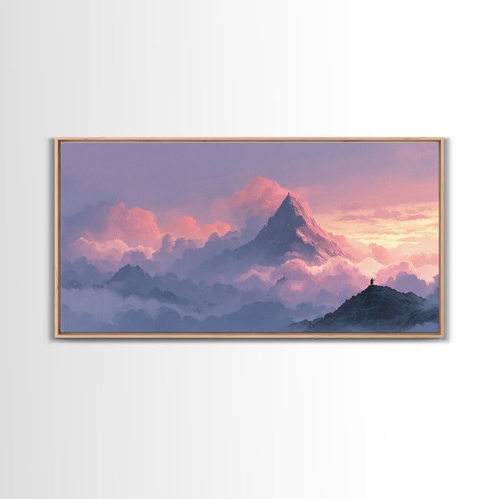 Pink Cloud Mountain Summit Canvas Print, Fantasy Landscape Wall Art, Nature Wall Decor, Adventure Art, Calming Bedroom Decor