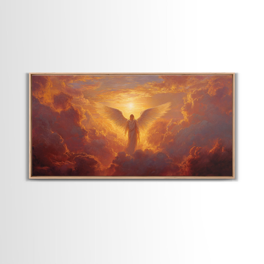 Radiant Angel In Golden Clouds Wall Art, Spiritual Christian Canvas, Celestial Painting, Inspirational Home Decor Gift For Her