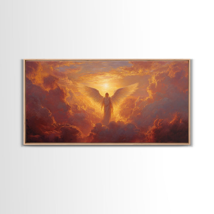 Radiant Angel In Golden Clouds Wall Art, Spiritual Christian Canvas, Celestial Painting, Inspirational Home Decor Gift For Her