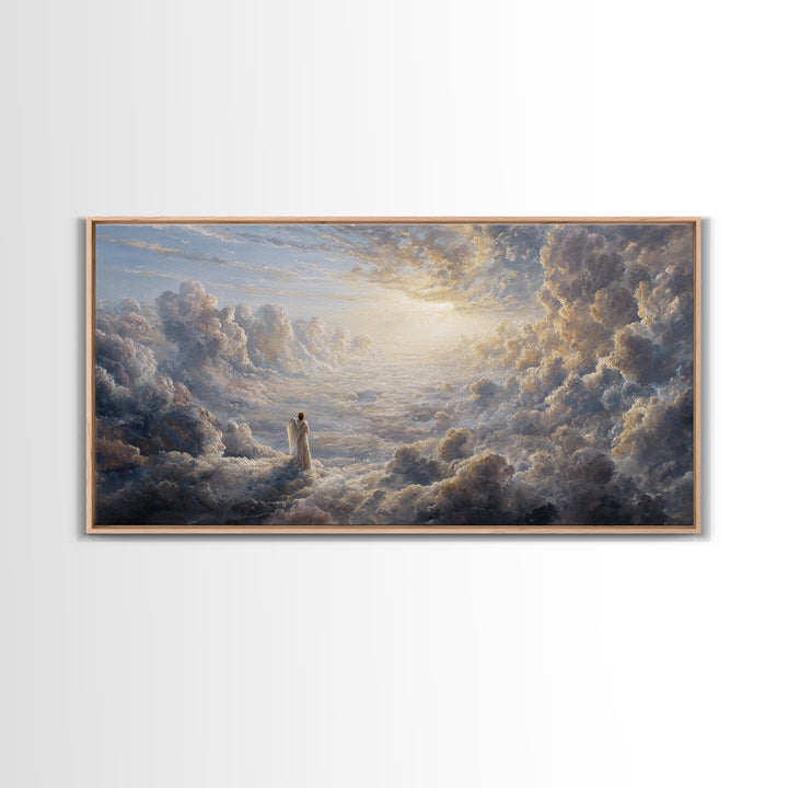 Radiant Angel In Heavenly Clouds Canvas Print, Christian Wall Art, Spiritual Home Decor, Peaceful Large Landscape Art Gift