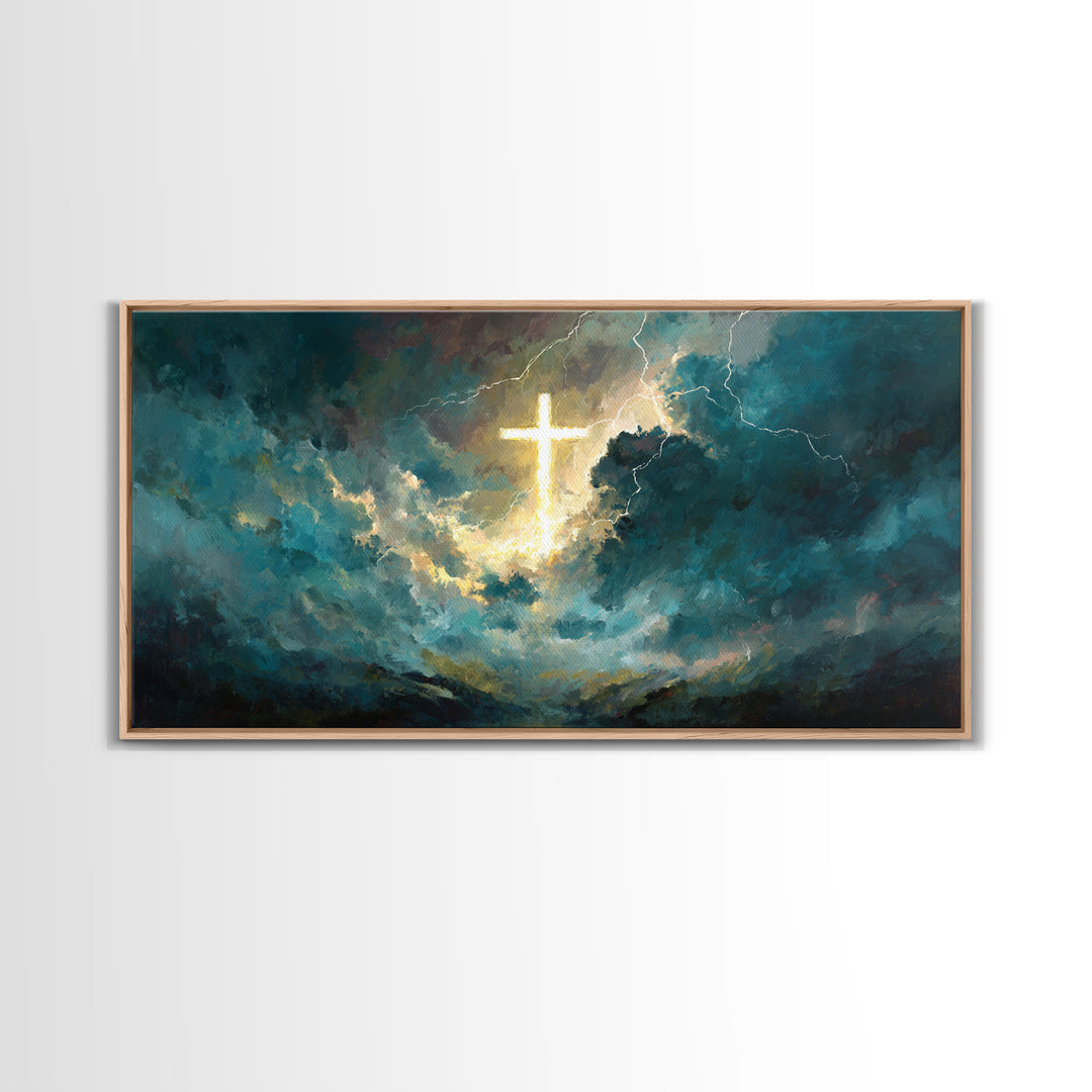 Glowing Cross In Storm Clouds Wall Art, Christian Canvas Print, Spiritual Decor, Modern Religious Living Room Wall Decor