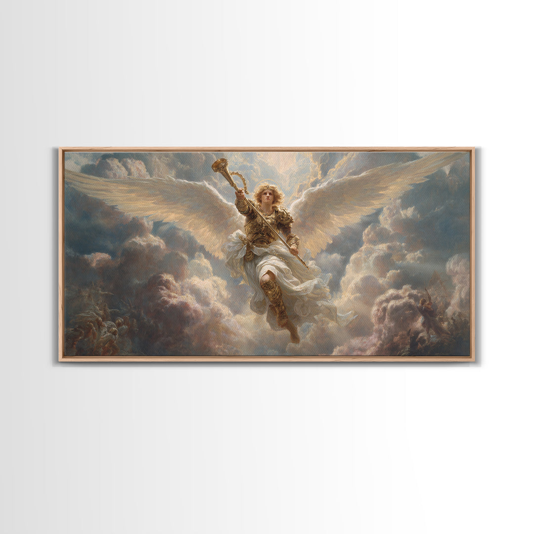 Archangel Trumpet In Stormy Clouds Canvas Print, Christian Wall Art, Religious Fine Art Print For Prayer Room Decor Gift