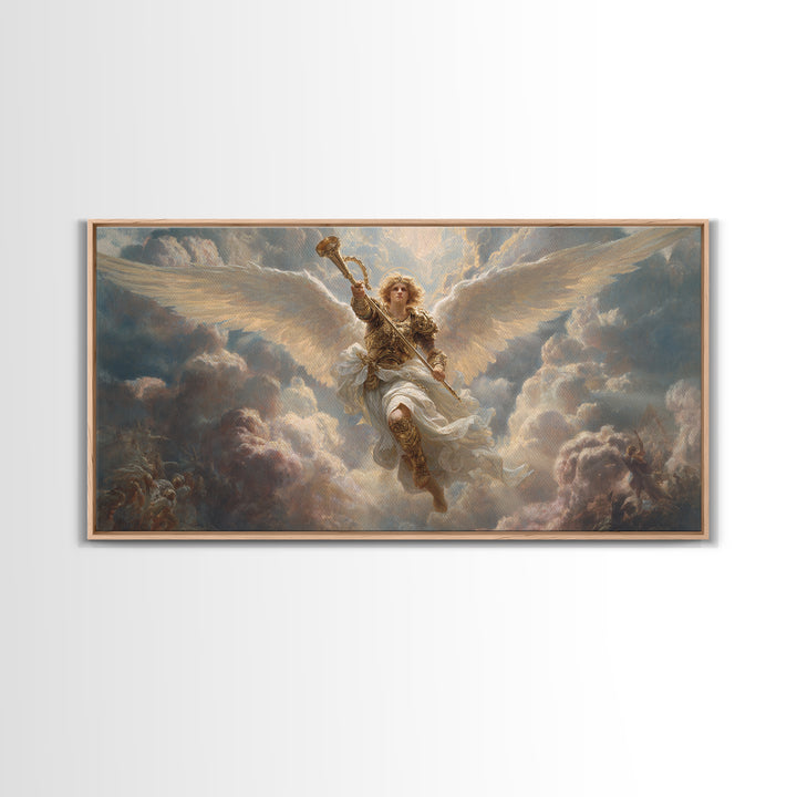 Archangel Trumpet In Stormy Clouds Canvas Print, Christian Wall Art, Religious Fine Art Print For Prayer Room Decor Gift