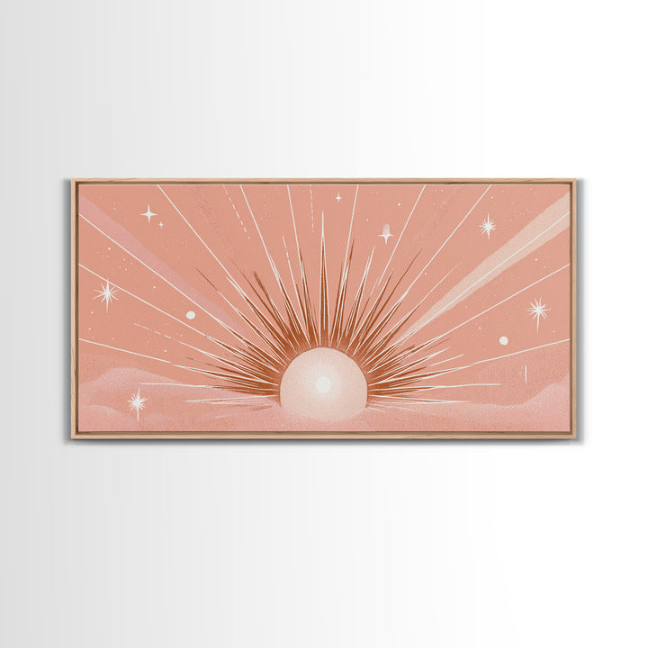 Radiant Peach Sunrise Wall Art, Celestial Sun Rays And Stars, Boho Canvas Print, Dreamy Nursery Decor, Calming Above Bed Art