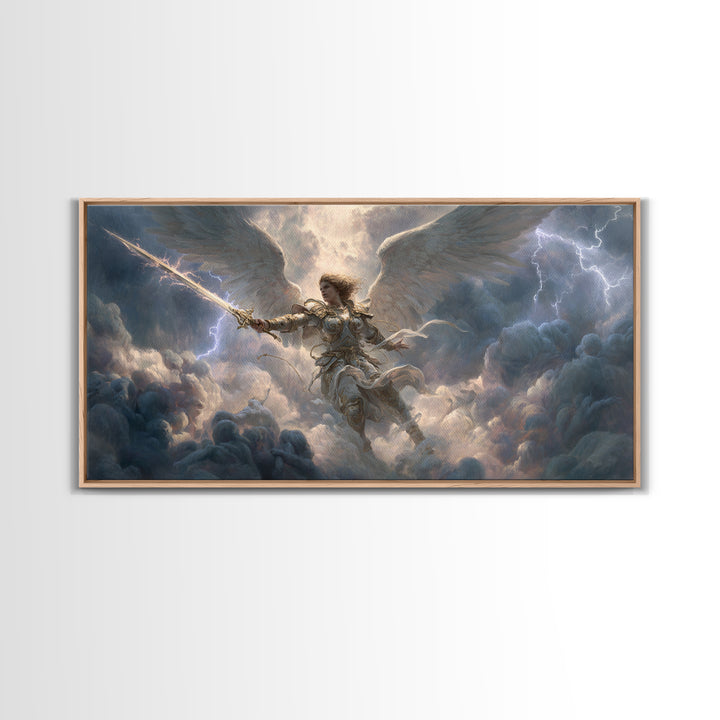 Warrior Angel With Sword Framed Canvas Print, Fantasy Wall Art, Christian Artwork, Storm Clouds, Gift For Him Or Her, Fine Art Print