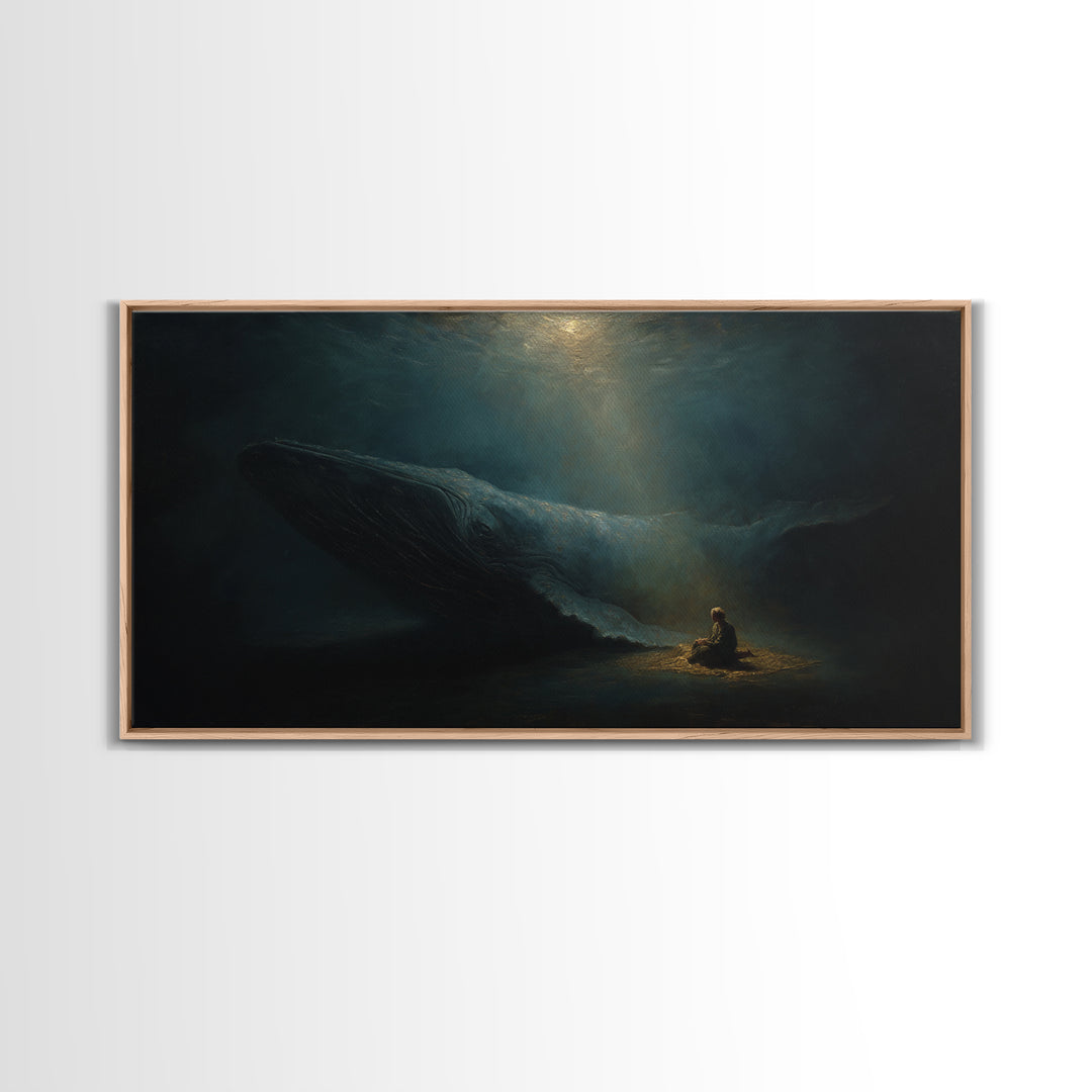 Mystic Whale And Tiny Kayaker Wall Art, Surreal Ocean Canvas Print, Moody Sea Life Decor For Bedroom Or Office Wall Decor