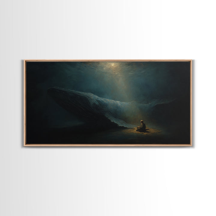 Mystic Whale And Tiny Kayaker Wall Art, Surreal Ocean Canvas Print, Moody Sea Life Decor For Bedroom Or Office Wall Decor