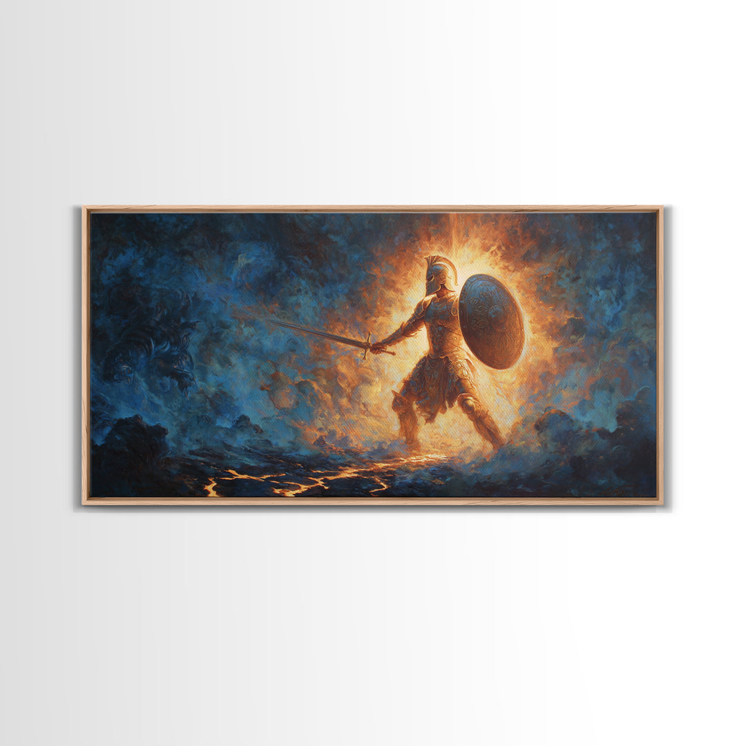 Ancient Shield Maiden In Fiery Blue Mist Canvas Print, Fantasy Warrior Wall Art, Mythological Decor, Gift For Him Or Her