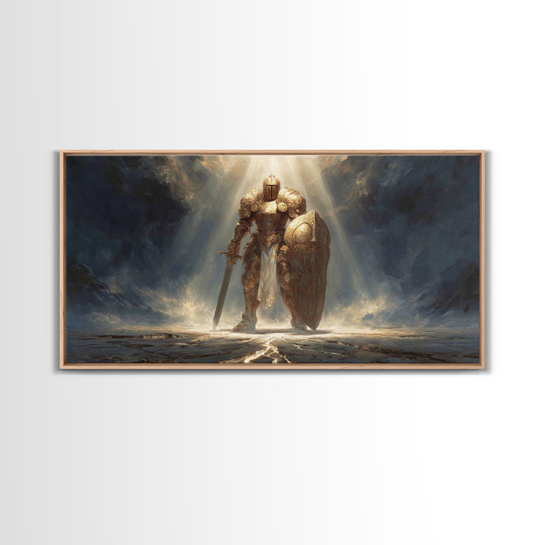 Golden Knight In Storm Light Framed Canvas Print, Epic Fantasy Warrior Large Wall Decor, Medieval Armor Art, Gift For Him