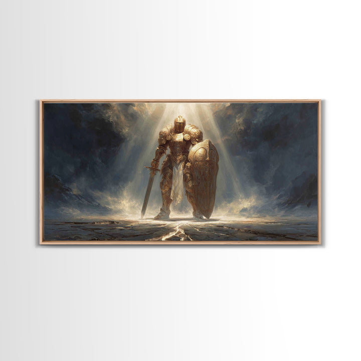Golden Knight In Storm Light Framed Canvas Print, Epic Fantasy Warrior Large Wall Decor, Medieval Armor Art, Gift For Him