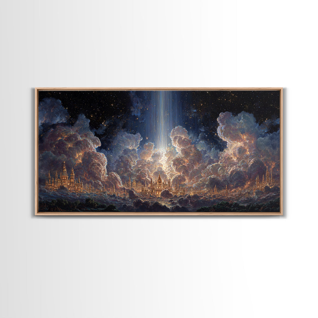 Heavenly Cloud City With Star Beam Canvas Print, Celestial Fantasy Art, Large Wall Decor, Spiritual Home Decor Gift For Her