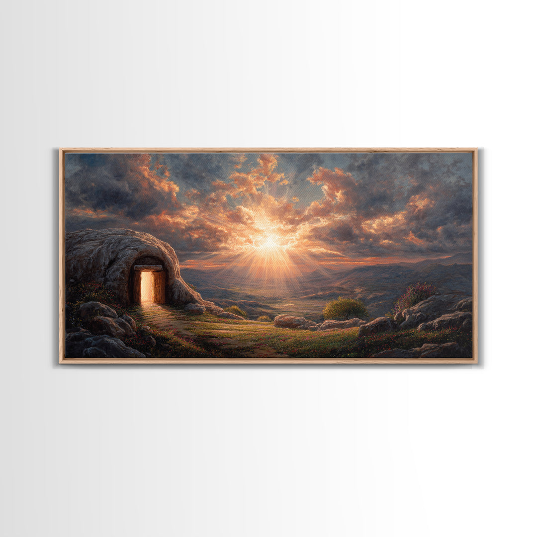 Empty Tomb Sunrise Framed Canvas Print, Christian Wall Art, Resurrection Painting, Easter Decor, Inspirational Gift For Her