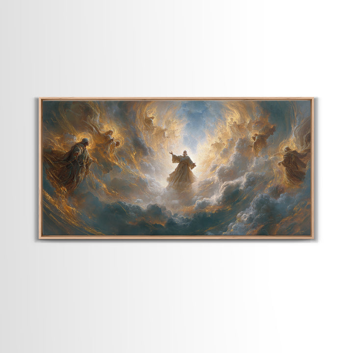 Angels And Divine Figure In Luminous Clouds Framed Canvas Print, Spiritual Wall Art, Religious Decor, Christian Gift Idea