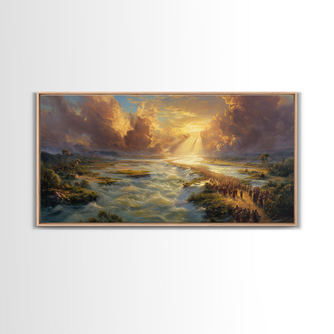 Exodus River Crossing Canvas Print, Golden Biblical Landscape Painting, Christian Wall Decor, Housewarming Gift For Living Room