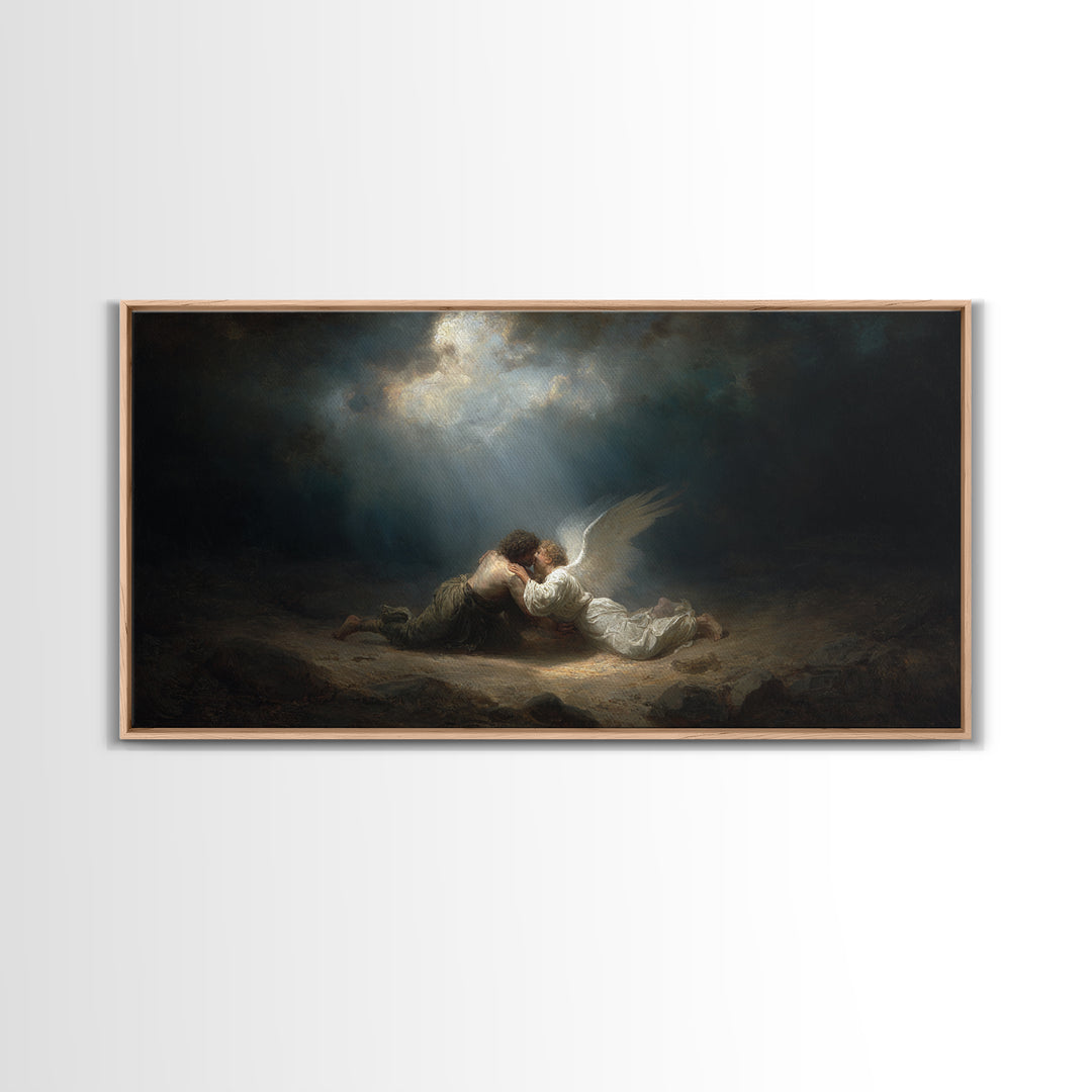 Angel Embracing Fallen Man Wall Art, Dark Baroque Canvas Print, Religious Fine Art, Spiritual Gothic Home Decor Gift For Her
