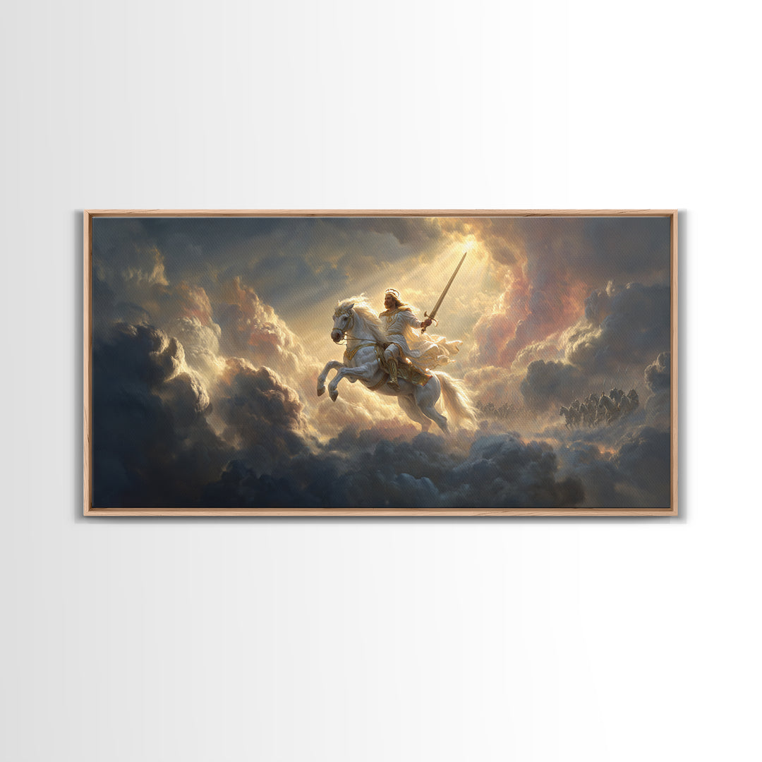 Heavenly Knight On White Horse Framed Canvas Print, Cloud Warrior Fantasy Art, Christian Wall Art, Epic Gift For Him, Living Room Decor