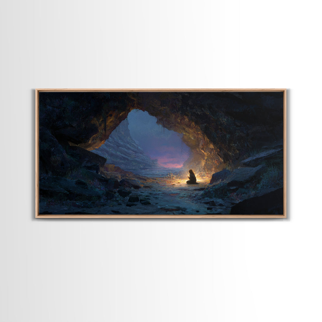 Meditating Figure In Mountain Cave Framed Canvas Print, Mystical Landscape Wall Decor, Zen Fantasy Art For Home And Office Decor