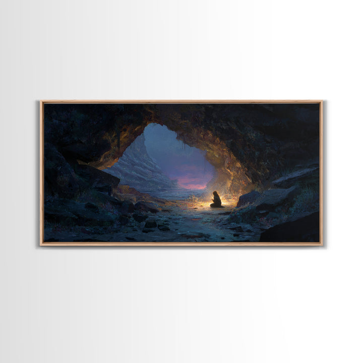 Meditating Figure In Mountain Cave Framed Canvas Print, Mystical Landscape Wall Decor, Zen Fantasy Art For Home And Office Decor