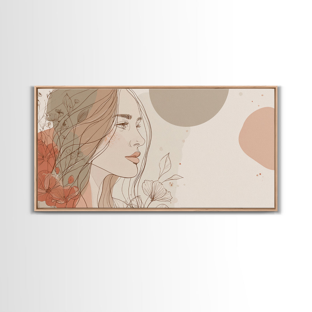 Elegant Woman Profile Wall Art, Floral Line Drawing, Feminine Canvas Print, Neutral Boho Bedroom Decor, Gift For Her, Modern Home Decor