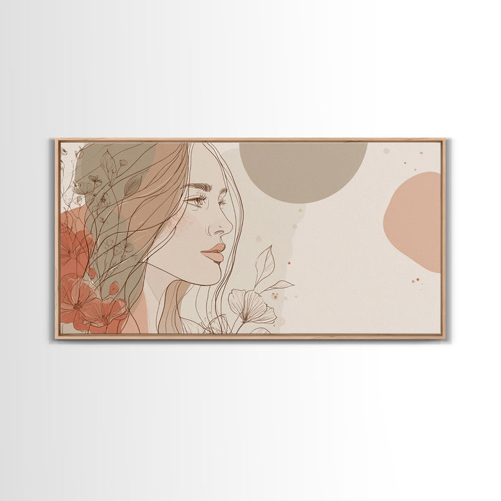 Elegant Woman Profile Wall Art, Floral Line Drawing, Feminine Canvas Print, Neutral Boho Bedroom Decor, Gift For Her, Modern Home Decor