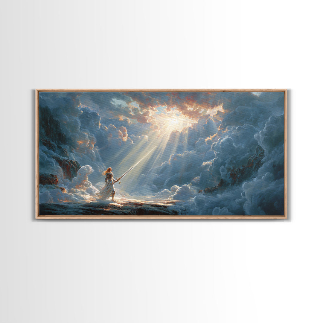Angel Warrior In Heavenly Clouds Framed Canvas Print, Fantasy Woman Art, Divine Light Wall Decor, Spiritual Gift For Her