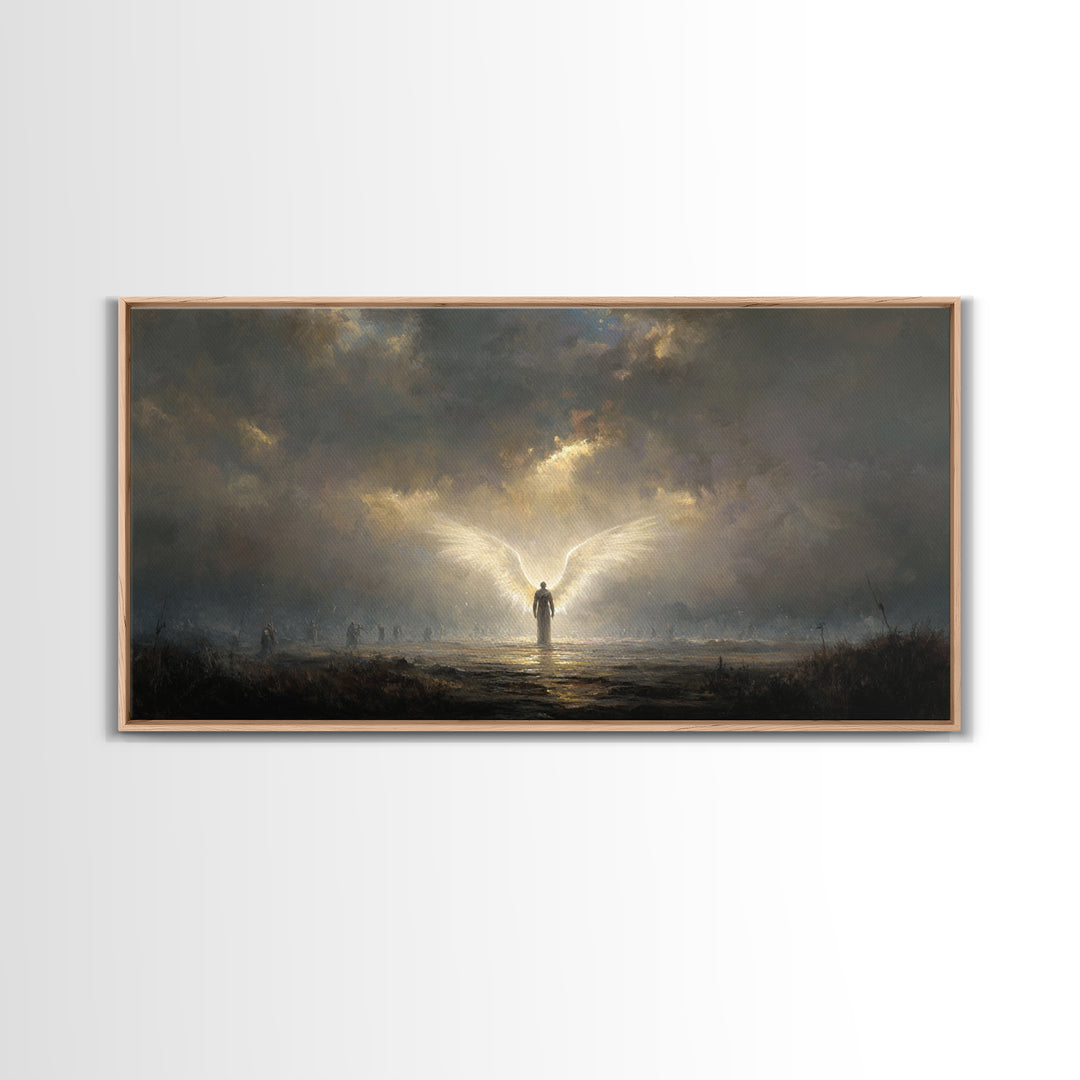 Radiant Angel In Storm Wall Art, Dark Fantasy Spiritual Canvas Print, Moody Religious Decor For Prayer Room And Bedroom Decor