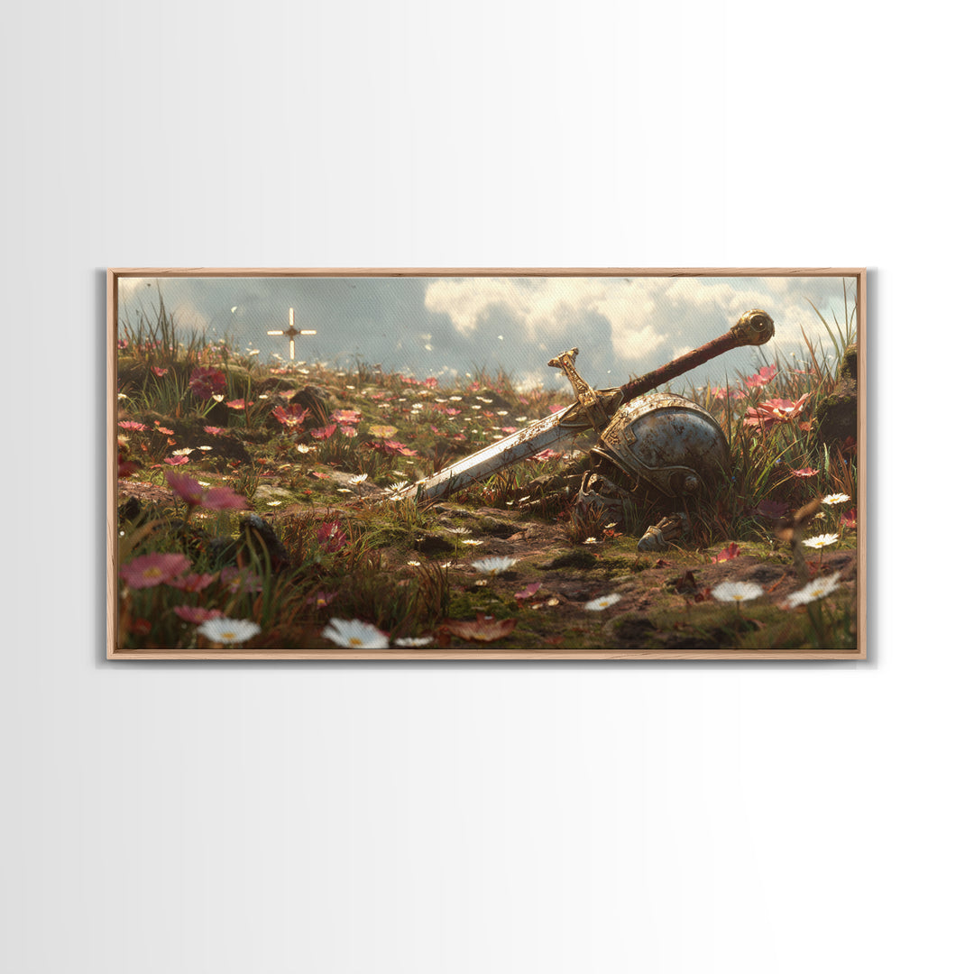 Flowered Battlefield Sword And Helmet Canvas Print, Fantasy Art, Knight Wall Decor, Gothic Gift For Him, Large Wall Art Print