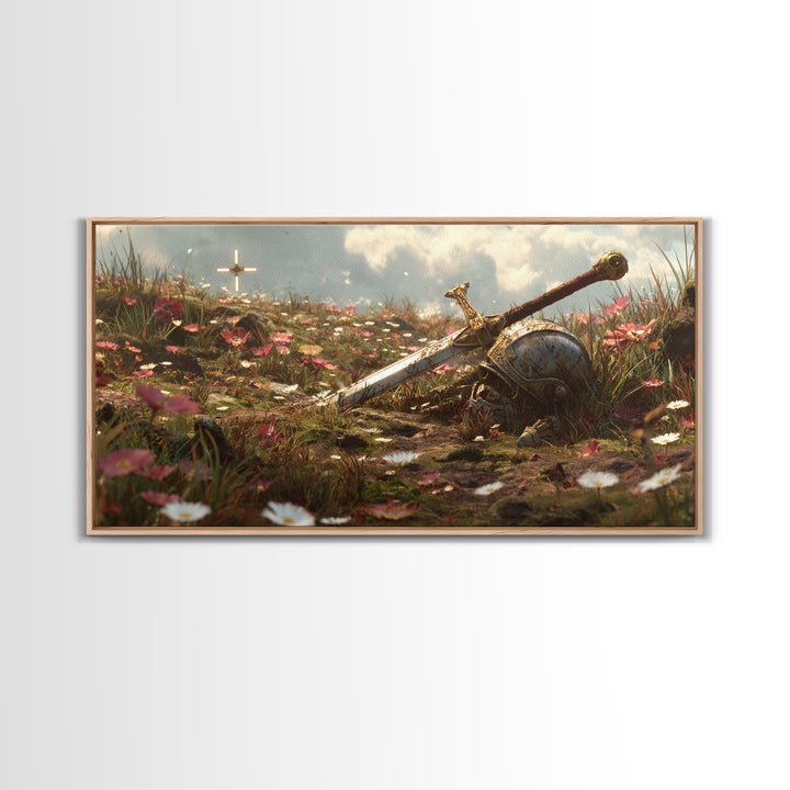 Flowered Battlefield Sword And Helmet Canvas Print, Fantasy Art, Knight Wall Decor, Gothic Gift For Him, Large Wall Art Print
