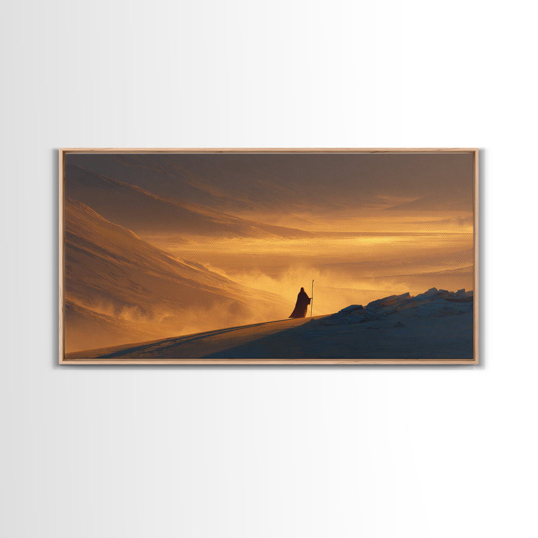 Lone Traveler In Golden Snowy Mountains Canvas Print, Epic Sunset Landscape Wall Art, Rustic Adventure Home Decor Gift For Him