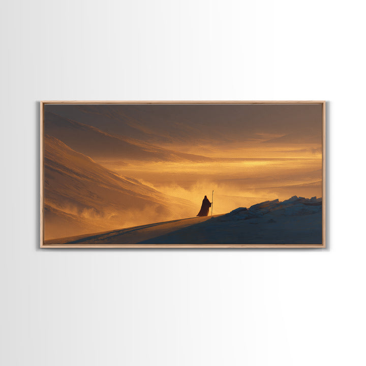 Lone Traveler In Golden Snowy Mountains Canvas Print, Epic Sunset Landscape Wall Art, Rustic Adventure Home Decor Gift For Him