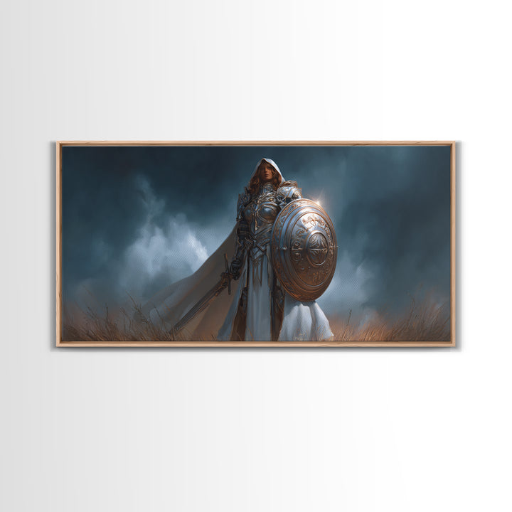 Armored Woman Warrior Framed Canvas Print, Fantasy Wall Art, Shield And Sword Decor, Strong Female Hero, Gamer Gift For Her