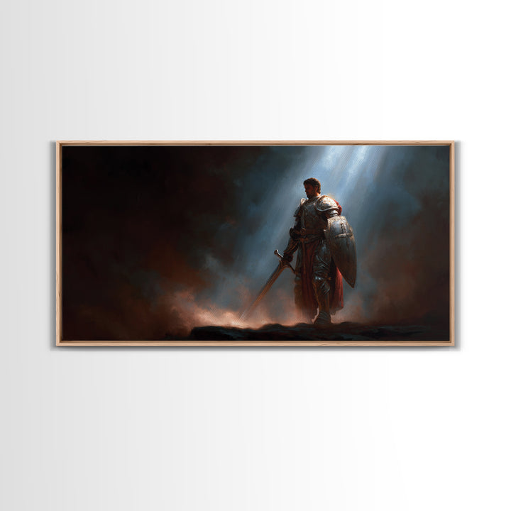 Armored Knight In Dramatic Light Canvas Print, Dark Fantasy Wall Art, Medieval Warrior Decor, Gothic Gift For Him, Game Room Art