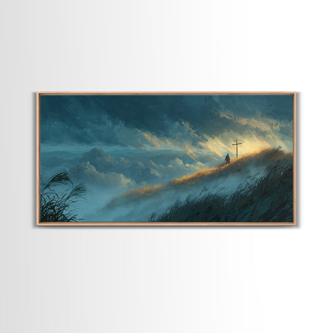 Sunlit Mountain Hill With Lone Cross Wall Art, Spiritual Landscape Canvas Print, Christian Decor, Calming Nature Art For Bedroom