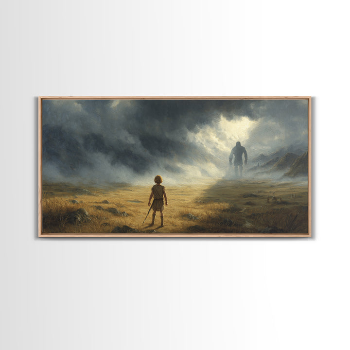 Child Facing Giant In Stormy Valley Wall Art, Fantasy Landscape Canvas Print, Moody Adventure Decor, Dark Surreal Gift For Him